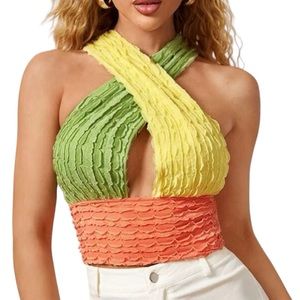 Colorblock Halter Crop Top Criss Cross Back Textured Festival Y2K